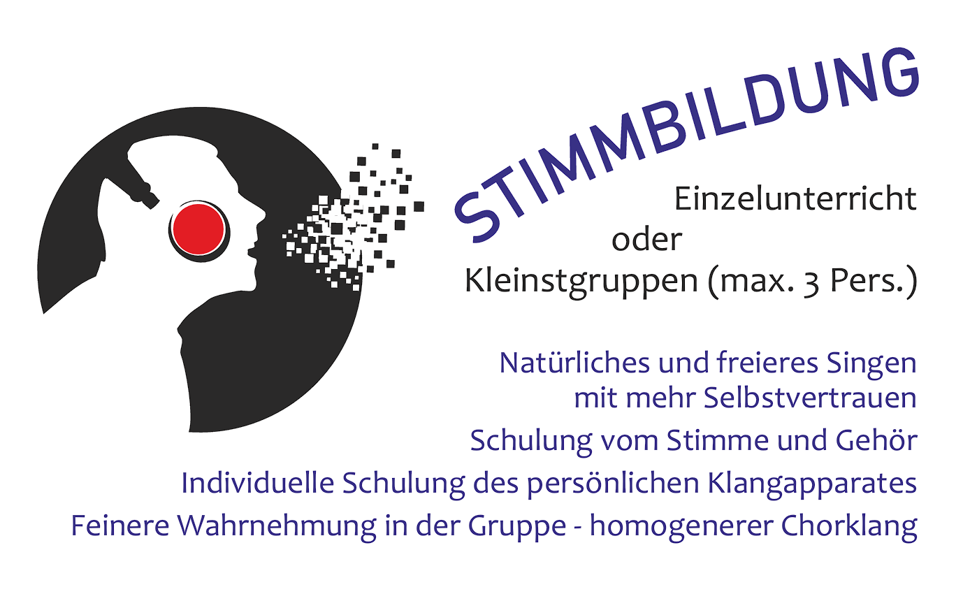 Ein Bild mit dem Text "Einzelunterricht oder Kleinstgruppen (max. 3 Pers.) Natürliches und freieres Singen mit mehr Selbstvertrauen Schulung vom Stimme und Gehör Individuelle Schulung des persönlichen Klangapparates Feinere Wahrnehmung in der Gruppe - homogenerer Chorklang". Links eine stilisierte Illustration eines Sängers.