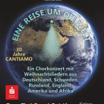 Flyer zum Weihnachtskonzert von Cantiamo am So, 7.12., 19 Uhr in der Ev. Kirche Grünwettersbach. Inhalt: "Cantiamo. Leitung und Violine Rebekka Stoll, Piano Lea Kofler. Eine Reise um die Welt - ein Chorkonzert mit Weihnachtsliedern aus Deutschland, Schweden, Russland, England, Amerika und Afrika. Einlass 18:30, Eintritt frei, Spenden erbeten."