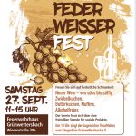 Ein Plakat zum Federweisserfest am 27. September 2025, 11 bis 15 Uhr am Feuerwehrhaus Grünwettrsbach, Wiesenstraße 38a. Zu lesen ist "Freuen Sie sich auf herbstliche SchmankerL: Neuer Wein - von süß bis süffig, Zwiebelkuchen, Butterkuchen, Muffins, Alkoholfreies. Der Verein freut sich über eine freiwillige Spende für soziale Projekte. Um 13 Uhr singt der Jugendchor VocoMotion vom Sängerhain Grünwettersbach e.V.