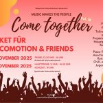 Flyer für Vocomotion & Friends. Inhalt: Sängerhain Grünwettersbach präsentiert “Come together”. Ticket für Vocomotion & Friends. 08. November 2025, 13:30 bis 16 Uhr Probe im Kulturtreff Grünwettersbach. 15. November 2025, 13 bis 16:30 Uhr Hauptprobe und 19 Uhr Konzert in der Sporthalle Grünwettersbach. Das ist dabei: Teilnahme an einer Projektchorprobe, Hauptprobe und Konzert. Pizza-Flatrate im Anschluss an das Konzert im Chill-out für alle Jugendlichen. Kontakt: vocomotion@saengerhain.de